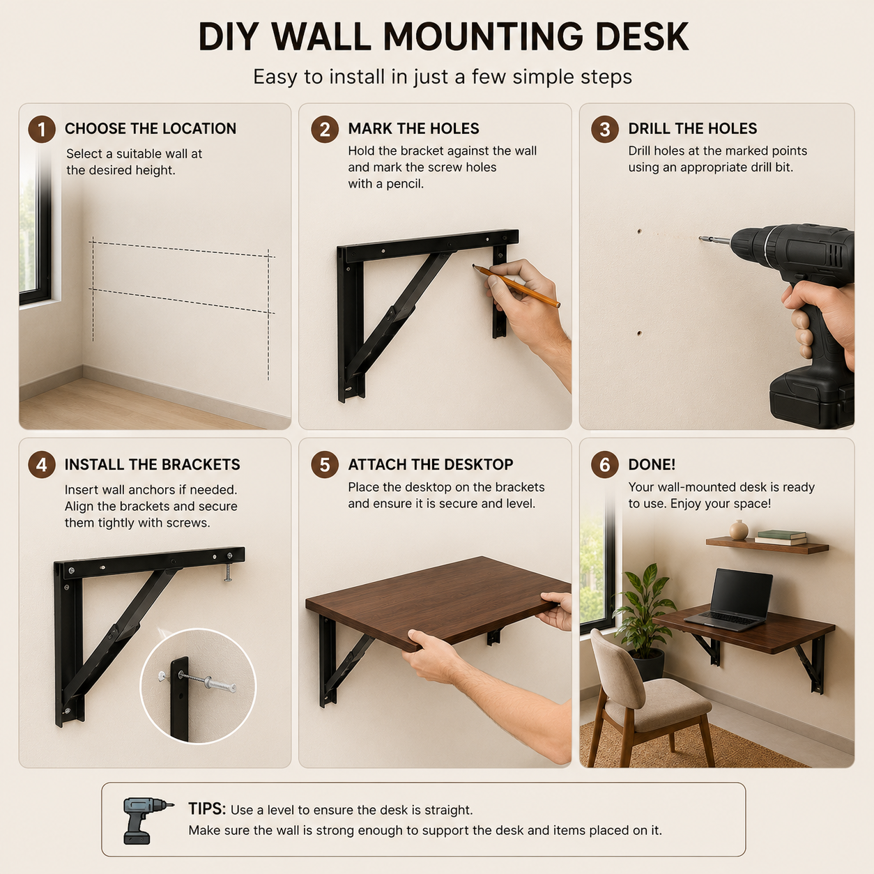 PEDPIX Wall-Mounted Folding Study Table – 60 × 40 cm | Space-Saving Foldable Laptop Desk for Home, Office & Small Rooms | Dark Brown