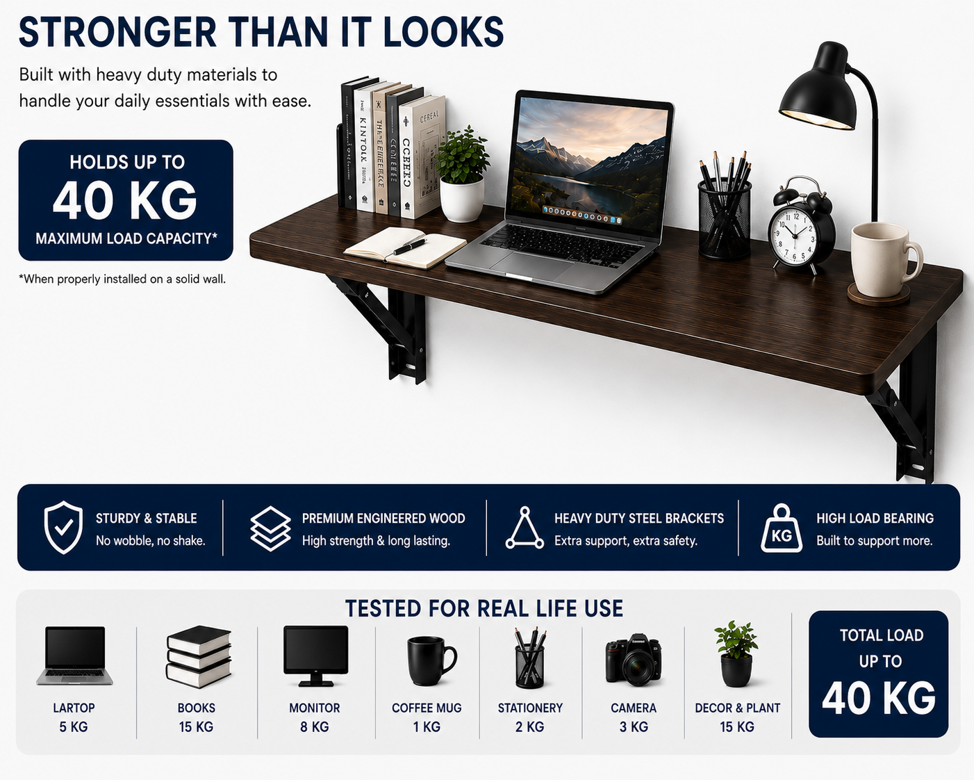 PEDPIX Wall-Mounted Folding Table 120 × 40 cm | Space-Saving Foldable Wall Desk | Engineered Wood | Study, Work & Dining Table