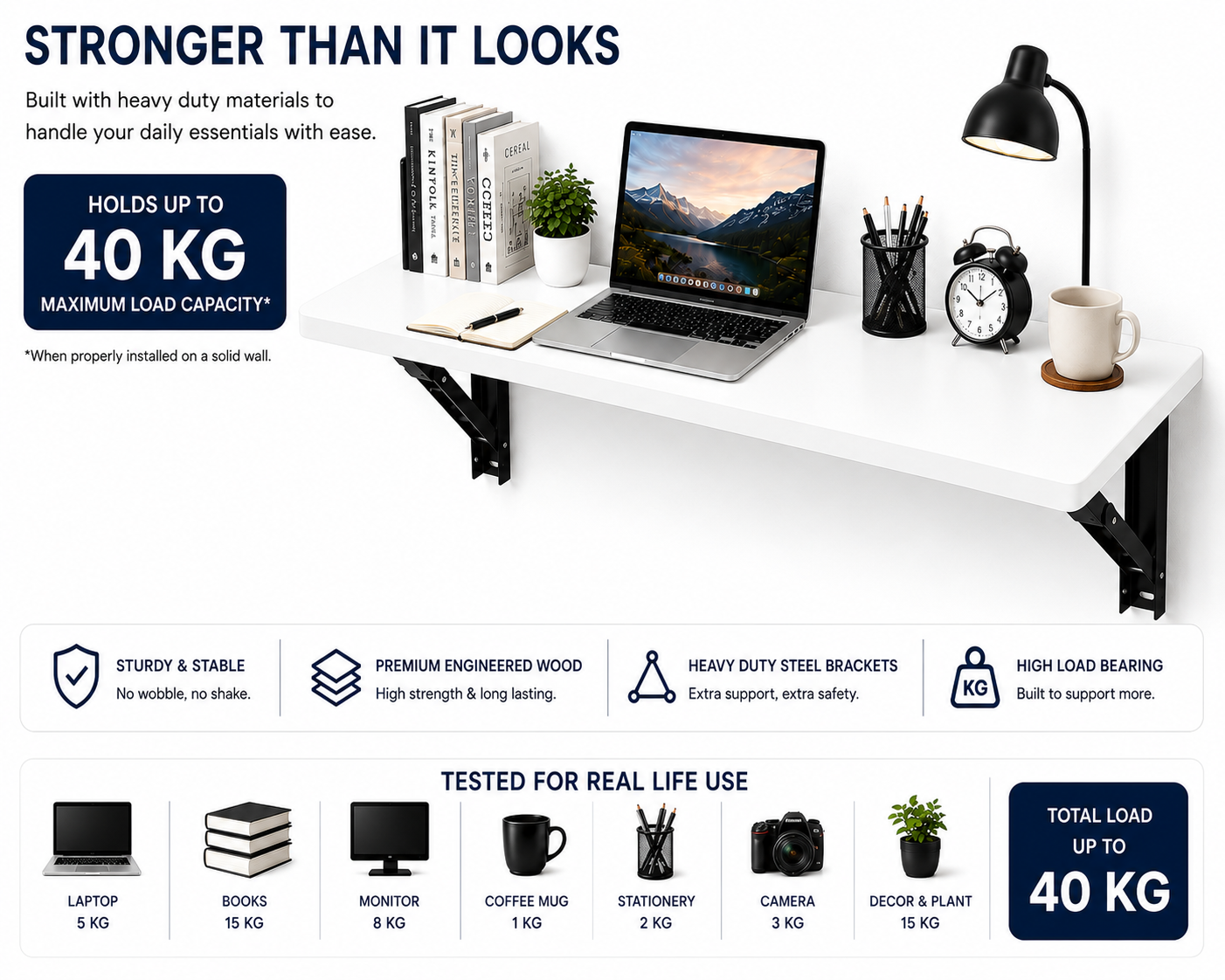 PEDPIX Wall-Mounted Folding Table 120 × 40 cm | Space-Saving Foldable Wall Desk | Engineered Wood | Study, Work & Dining Table