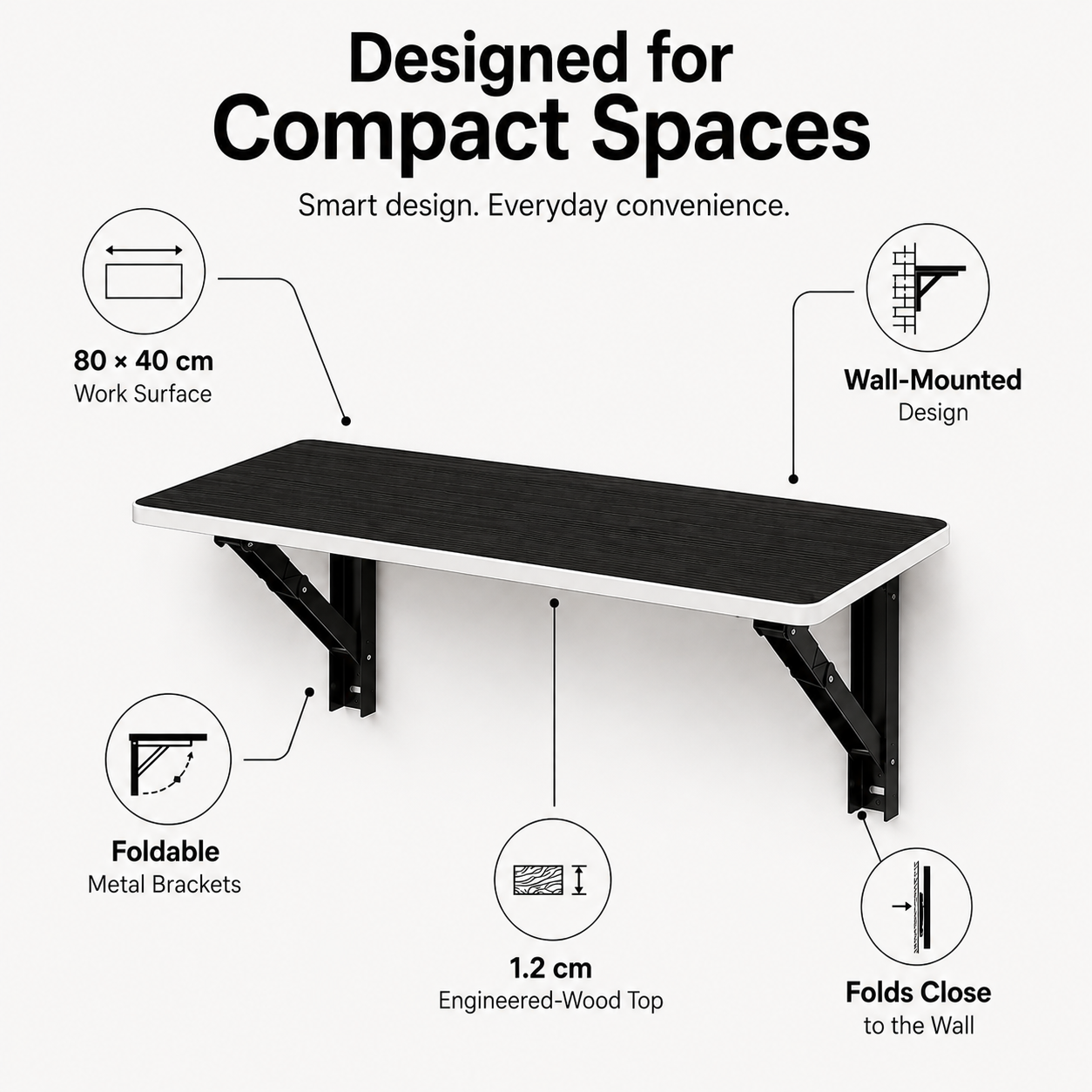 PEDPIX Wall Mounted Folding Table 80 × 40 cm – Venge White | Foldable Space-Saving Wall Desk