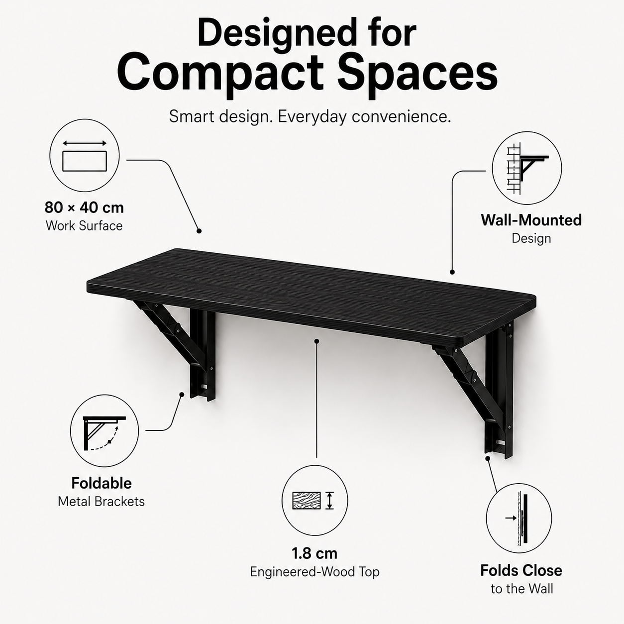 PEDPIX Wall Mounted Folding Table 80 × 40 cm – Venge | Foldable Space-Saving Wall Desk