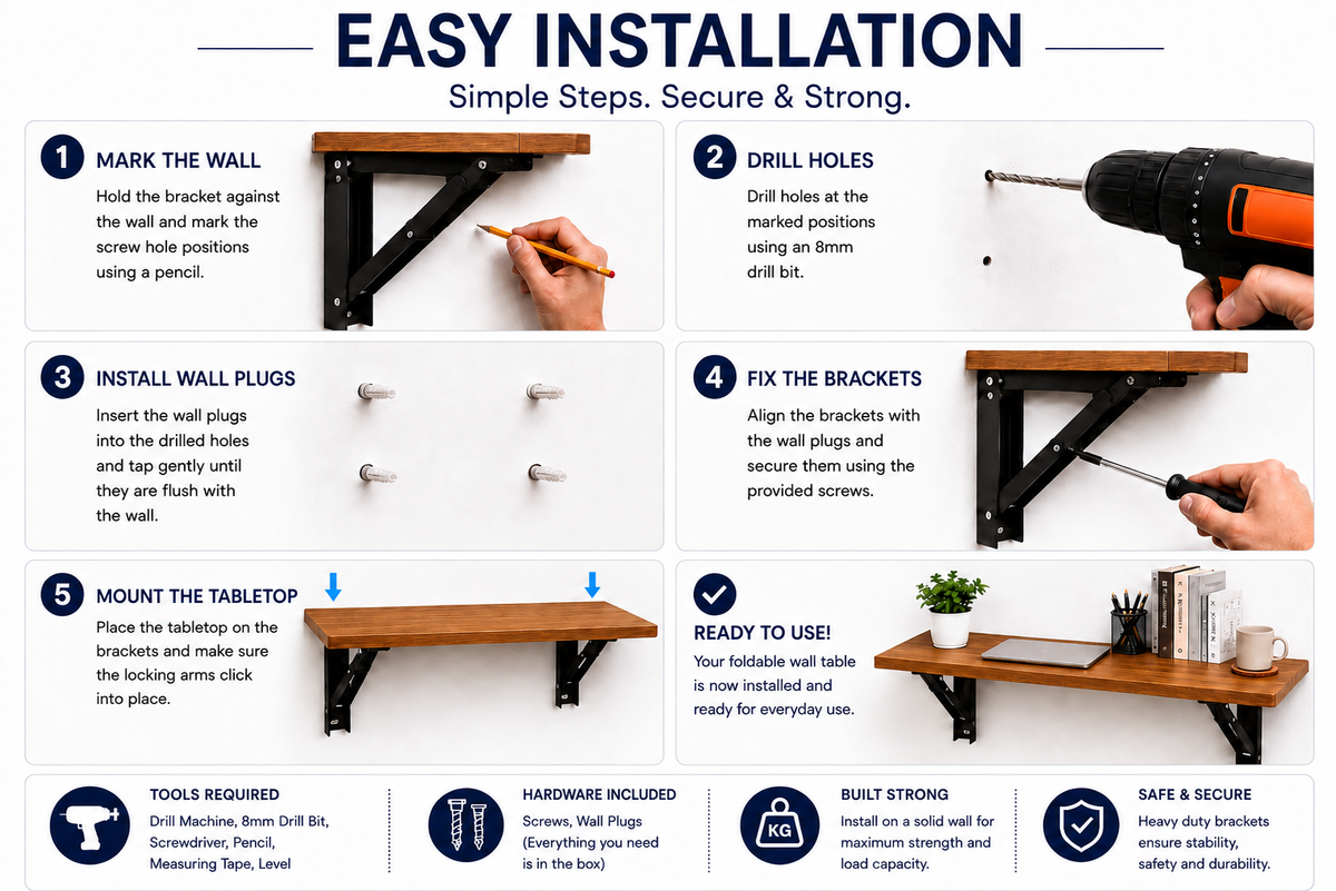 PEDPIX Wall Mounted Folding Table 100 × 40 cm | Space-Saving Foldable Table | Study, Work & Multipurpose Table