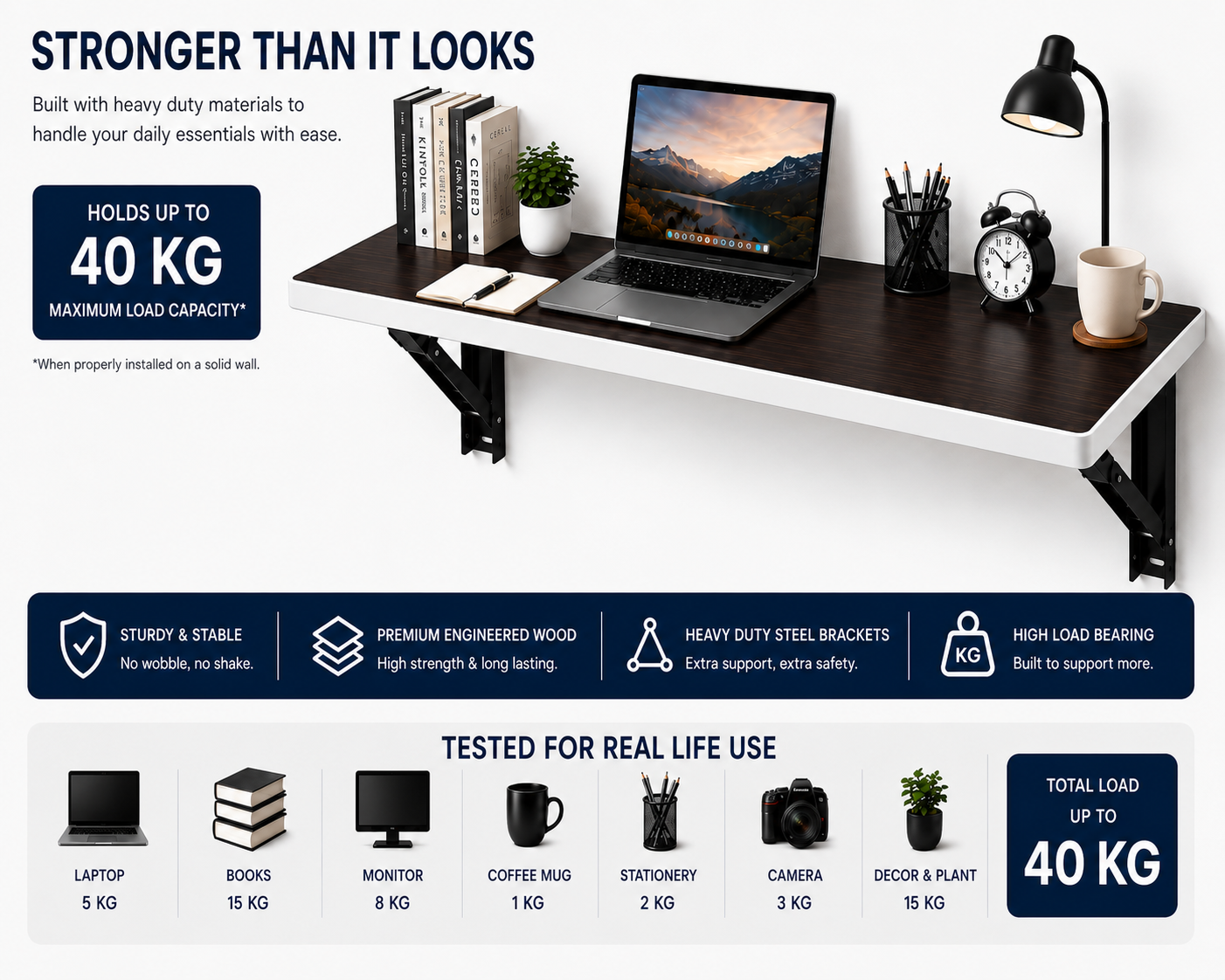 PEDPIX Wall-Mounted Folding Table 120 × 40 cm | Space-Saving Foldable Wall Desk | Engineered Wood | Study, Work & Dining Table