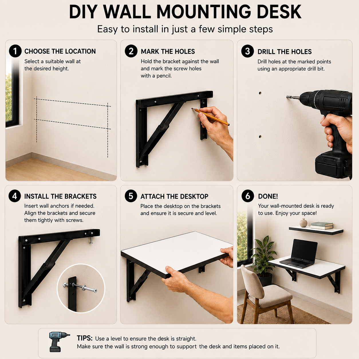 PEDPIX Wall-Mounted Folding Study Table – 60 × 40 cm | Space-Saving Foldable Laptop Desk for Home, Office & Small Rooms | Dark Brown
