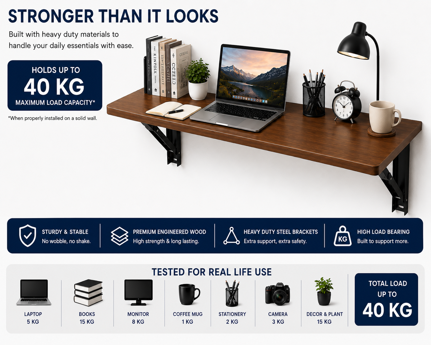 PEDPIX Wall-Mounted Folding Table 120 × 40 cm | Space-Saving Foldable Wall Desk | Engineered Wood | Study, Work & Dining Table