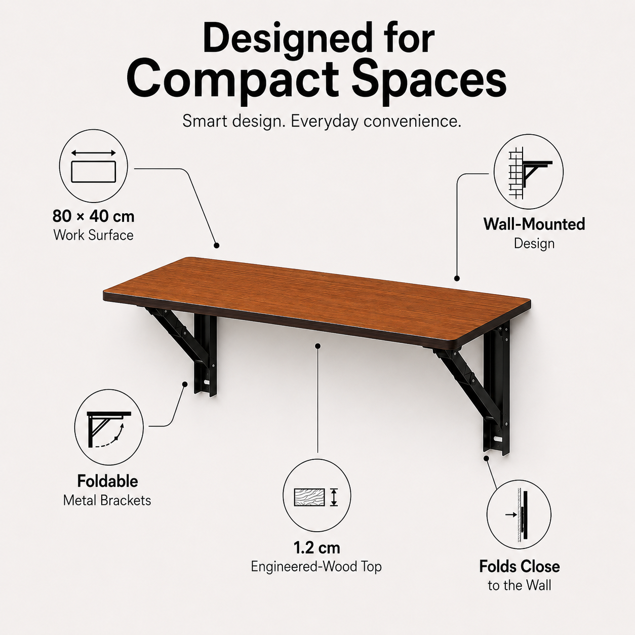PEDPIX® Wall Mounted Folding Table | 80 × 40 cm | Teak Venge | Foldable Wall-Mounted Desk