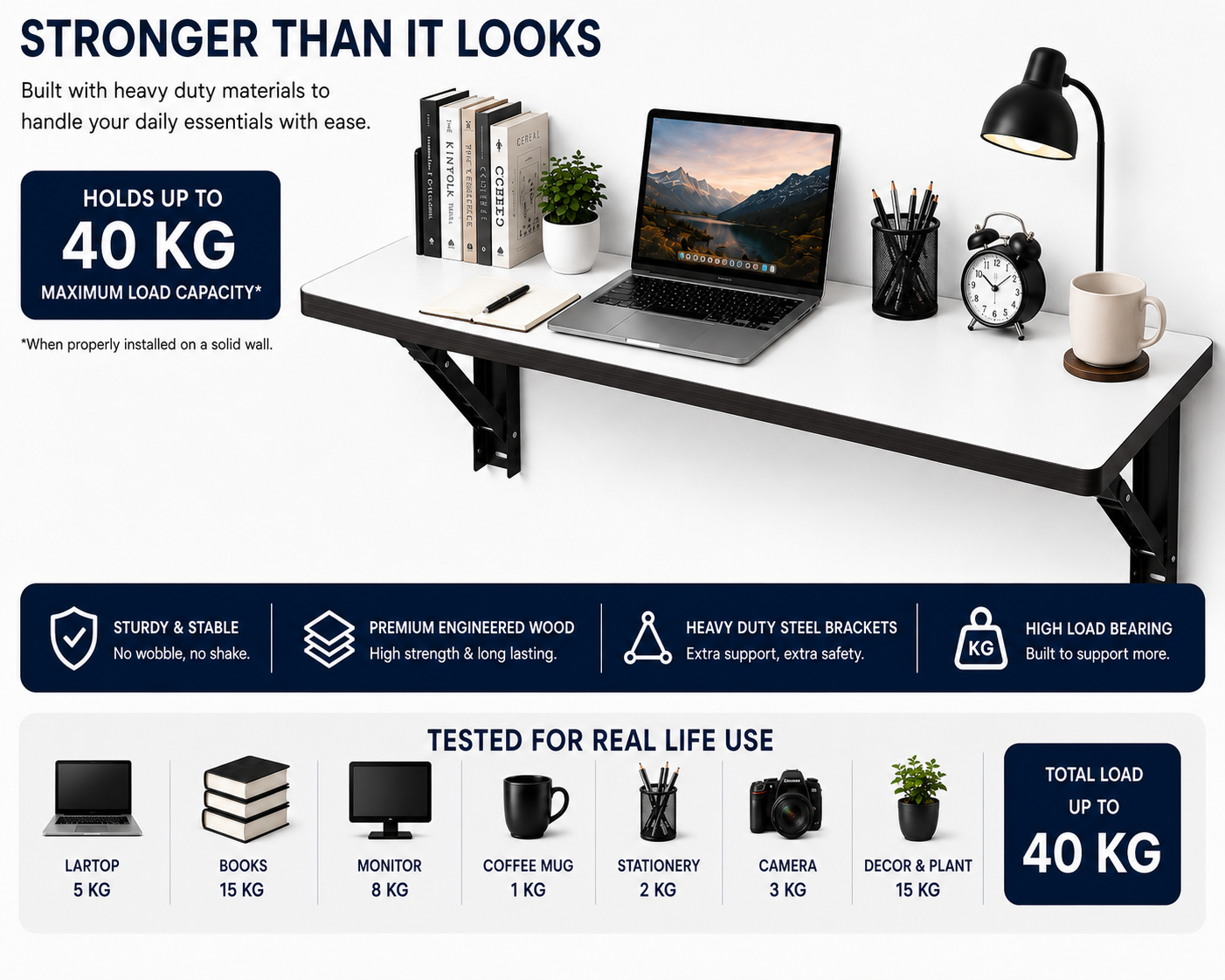 PEDPIX Wall-Mounted Folding Table 120 × 40 cm | Space-Saving Foldable Wall Desk | Engineered Wood | Study, Work & Dining Table