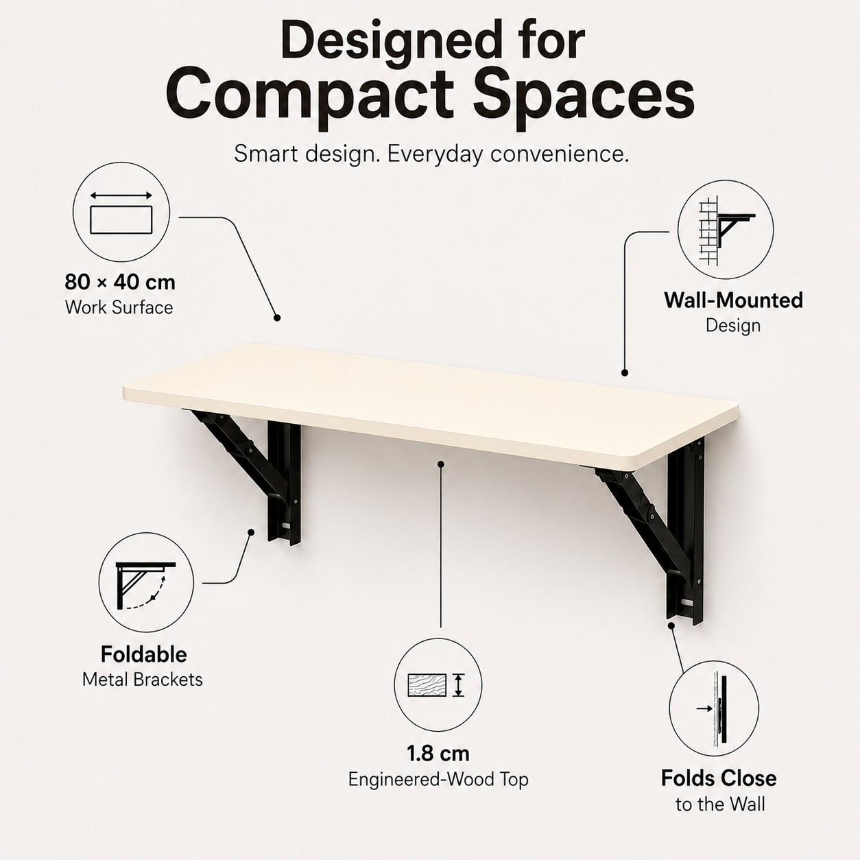 PEDPIX® Wall Mounted Folding Table | 80 × 40 cm | Cream | Space-Saving Foldable Wall Desk