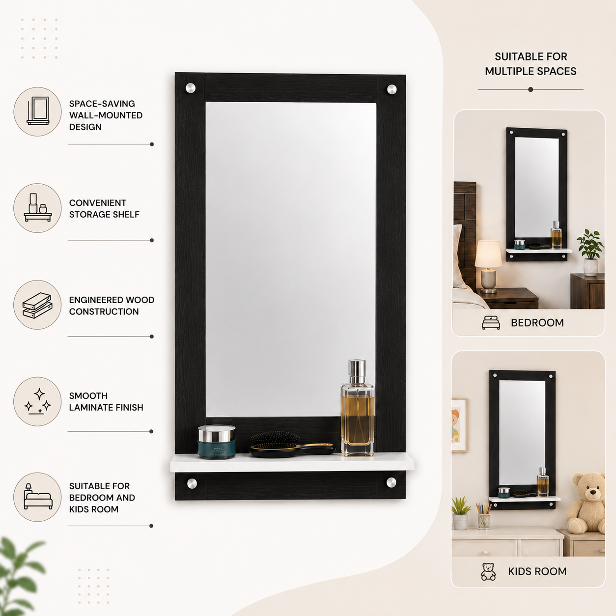 PEDPIX Wall Mounted Dressing Mirror with Storage Shelf | Wooden Bathroom & Bedroom Vanity Mirror | Engineered Wood | 72 x 40 cm