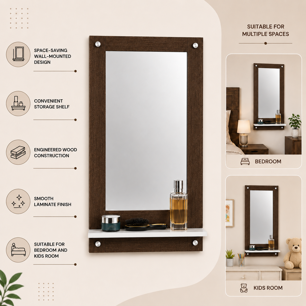 PEDPIX Wall Mounted Dressing Mirror with Storage Shelf | Wooden Bathroom & Bedroom Vanity Mirror | Engineered Wood | 72 x 40 cm