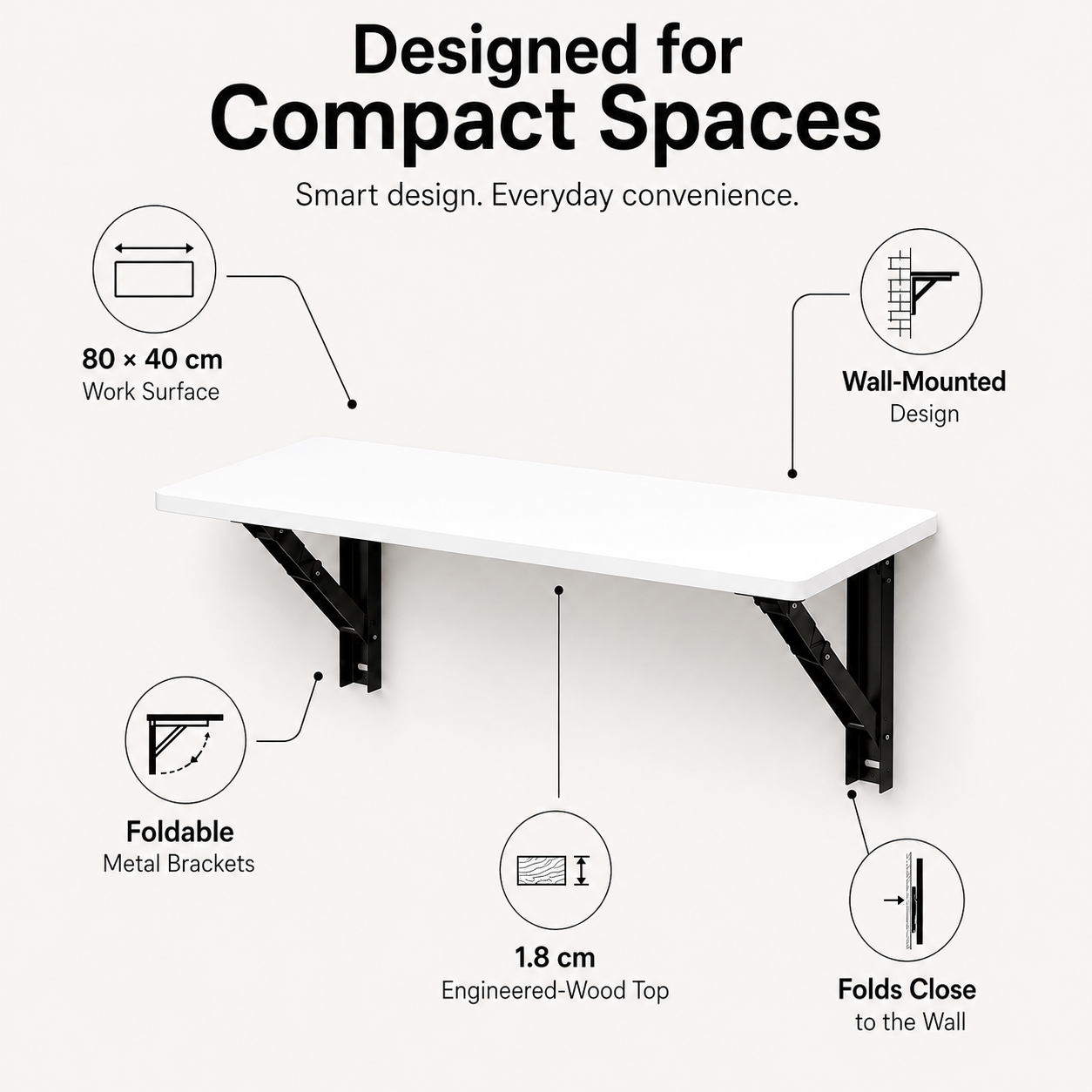 PEDPIX Wall Mounted Folding Table 80 × 40 cm – White | Foldable Space-Saving Wall Desk