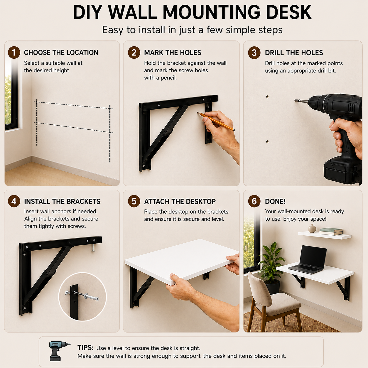 PEDPIX Wall Mounted Folding Table for Home & Office | Foldable Wall Desk | Engineered Wood | Space Saving | 60 × 40 cm | White