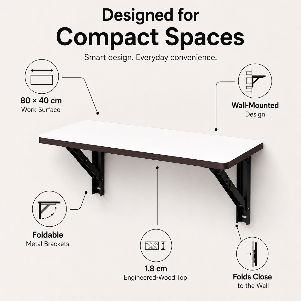PEDPIX Wall Mounted Folding Table 80 × 40 cm – White Venge | Foldable Space-Saving Wall Desk