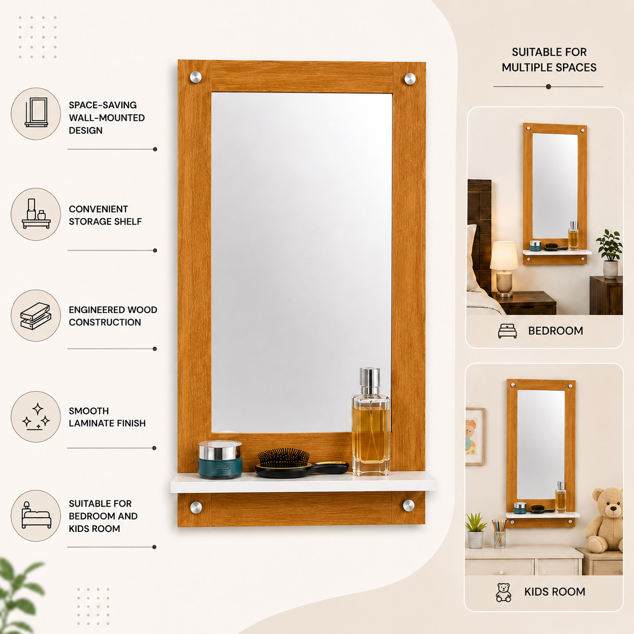 PEDPIX Wall Mounted Dressing Mirror with Storage Shelf | Wooden Bathroom & Bedroom Vanity Mirror | Engineered Wood | 72 x 40 cm