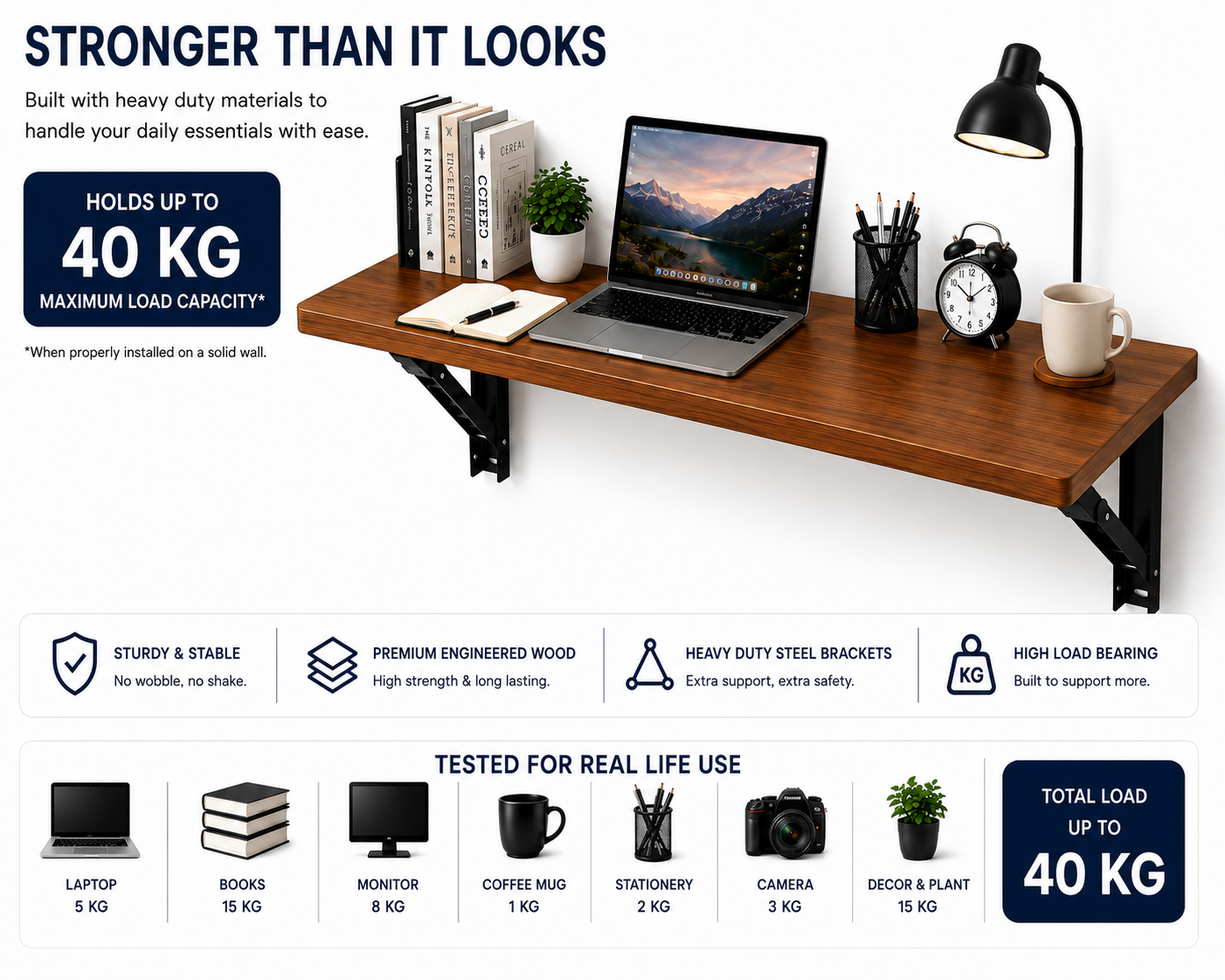 PEDPIX Wall-Mounted Folding Table 120 × 40 cm | Space-Saving Foldable Wall Desk | Engineered Wood | Study, Work & Dining Table
