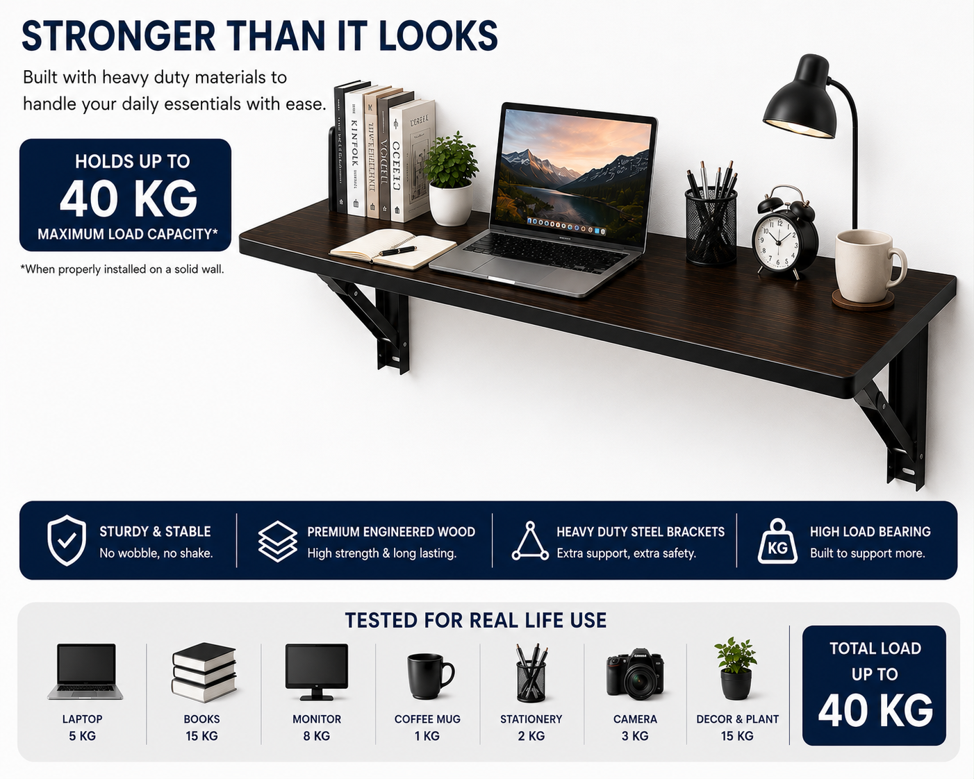 PEDPIX Wall-Mounted Folding Table 120 × 40 cm | Space-Saving Foldable Wall Desk | Engineered Wood | Study, Work & Dining Table