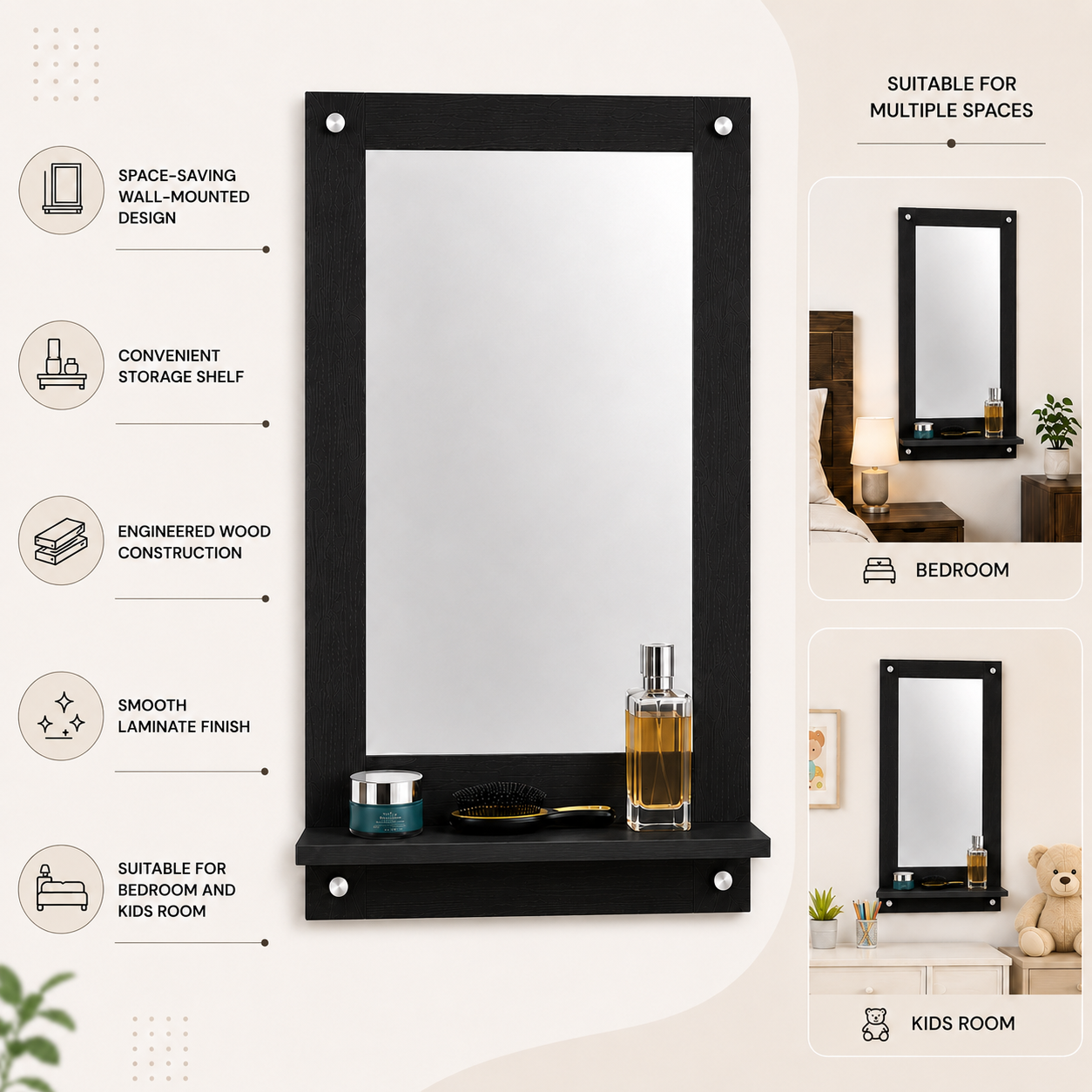 PEDPIX Wall Mounted Dressing Mirror with Storage Shelf | Wooden Bathroom & Bedroom Vanity Mirror | Engineered Wood | 72 x 40 cm