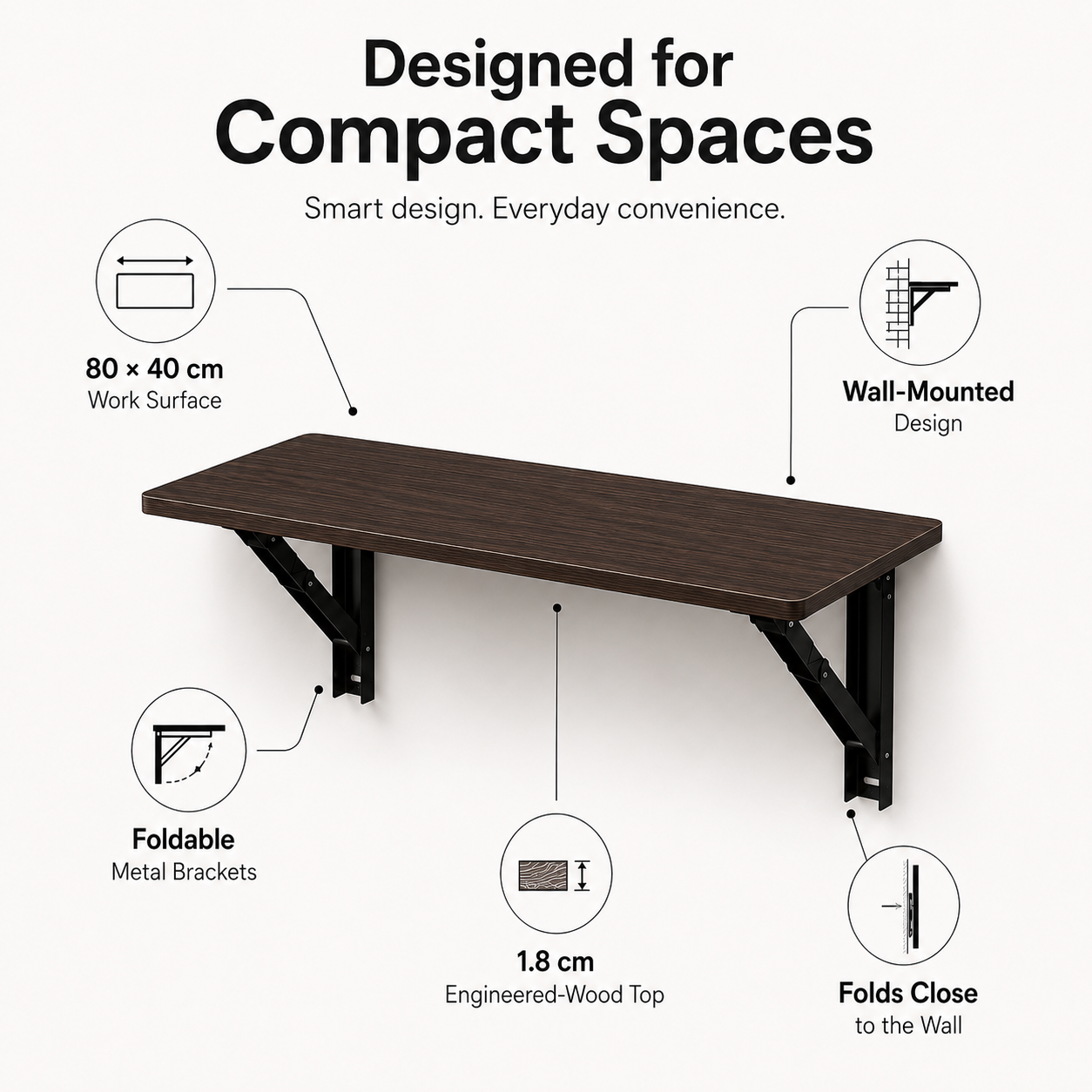 PEDPIX® Wall Mounted Folding Table – 80 × 40 cm | Space-Saving Foldable Wall Desk | Venge