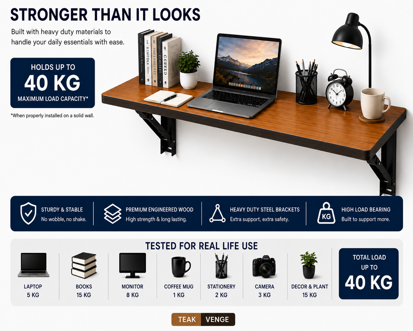 PEDPIX Wall-Mounted Folding Table 120 × 40 cm | Space-Saving Foldable Wall Desk | Engineered Wood | Study, Work & Dining Table