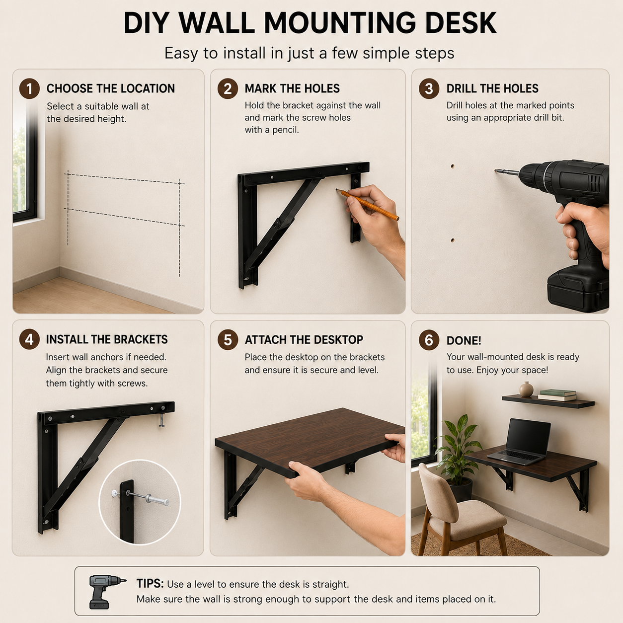 PEDPIX Wall-Mounted Folding Study Table – 60 × 40 cm | Space-Saving Foldable Laptop Desk for Home, Office & Small Rooms | Dark Brown