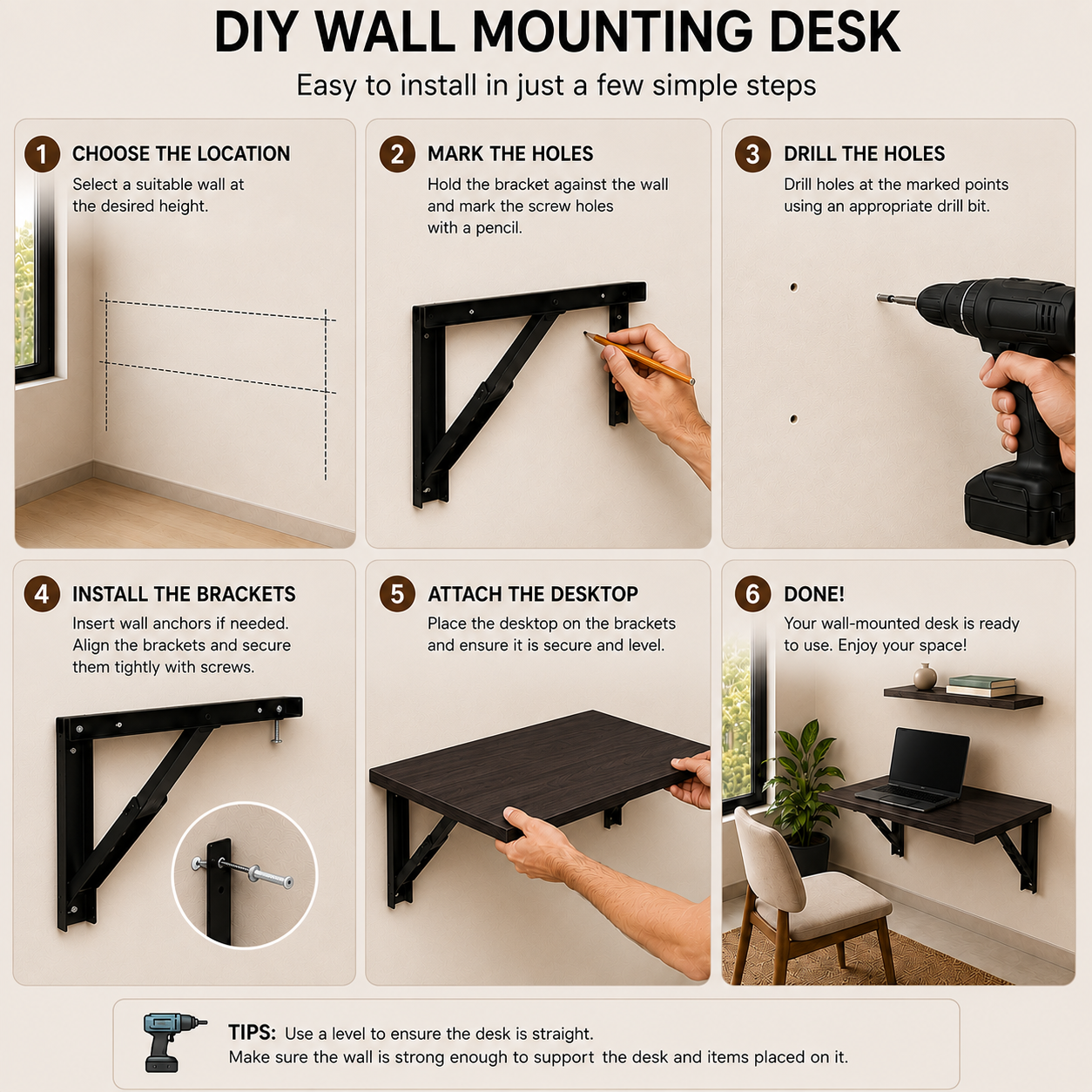 PEDPIX Wall Mounted Folding Table for Home & Office | Foldable Wall Desk | Engineered Wood | Space Saving | 60 × 40 cm | Venge
