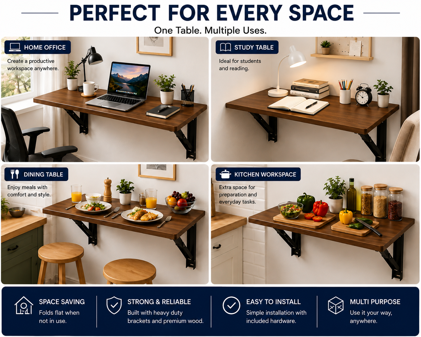 PEDPIX Wall-Mounted Folding Table 120 × 40 cm | Space-Saving Foldable Wall Desk | Engineered Wood | Study, Work & Dining Table