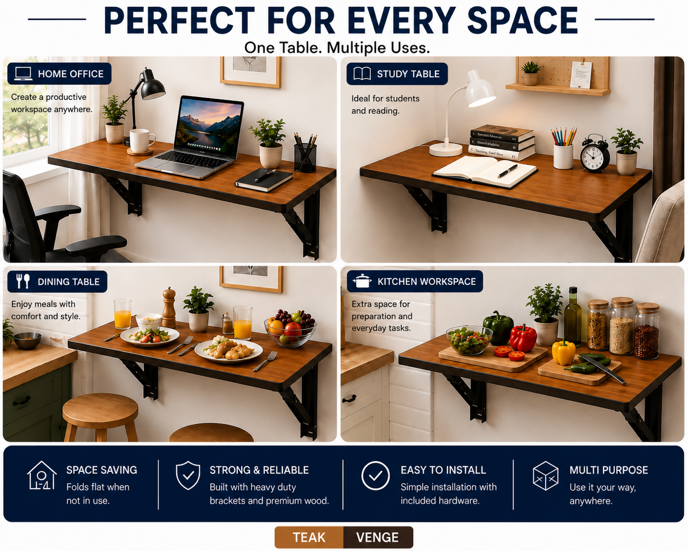 PEDPIX Wall-Mounted Folding Table 120 × 40 cm | Space-Saving Foldable Wall Desk | Engineered Wood | Study, Work & Dining Table