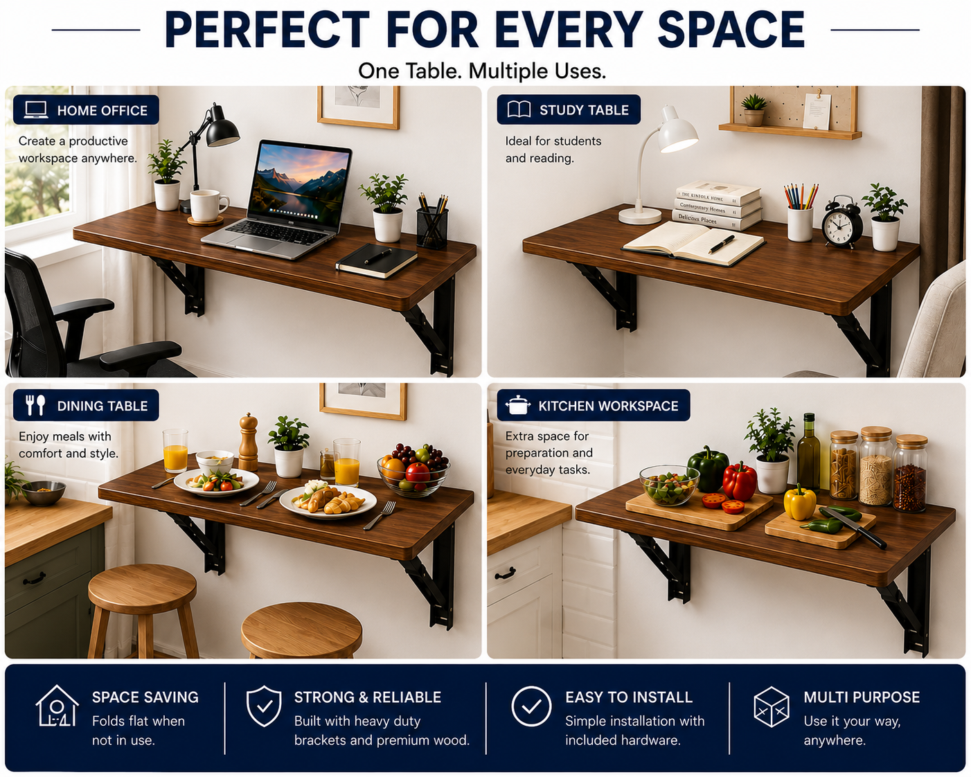PEDPIX Wall-Mounted Folding Table 120 × 40 cm | Space-Saving Foldable Wall Desk | Engineered Wood | Study, Work & Dining Table