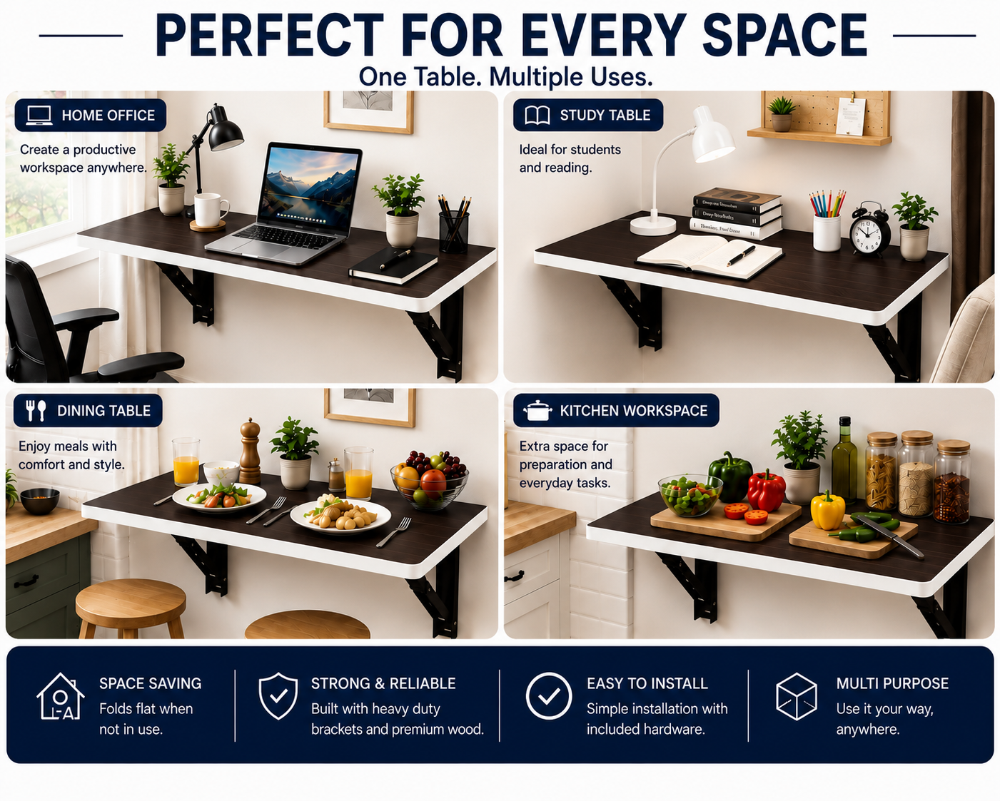 PEDPIX Wall Mounted Foldable Table 120 × 40 cm – Venge White | Space Saving Folding Wall Desk for Home, Office & Study