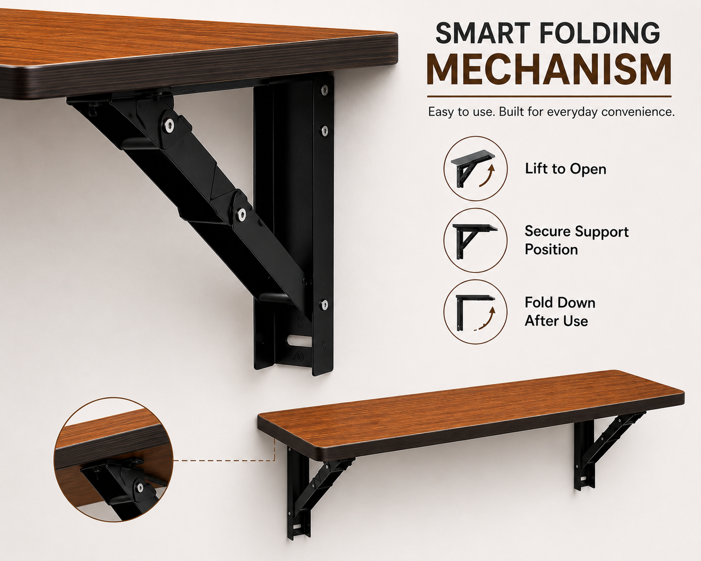 PEDPIX® Wall Mounted Folding Table | 80 × 40 cm | Teak Venge | Foldable Wall-Mounted Desk