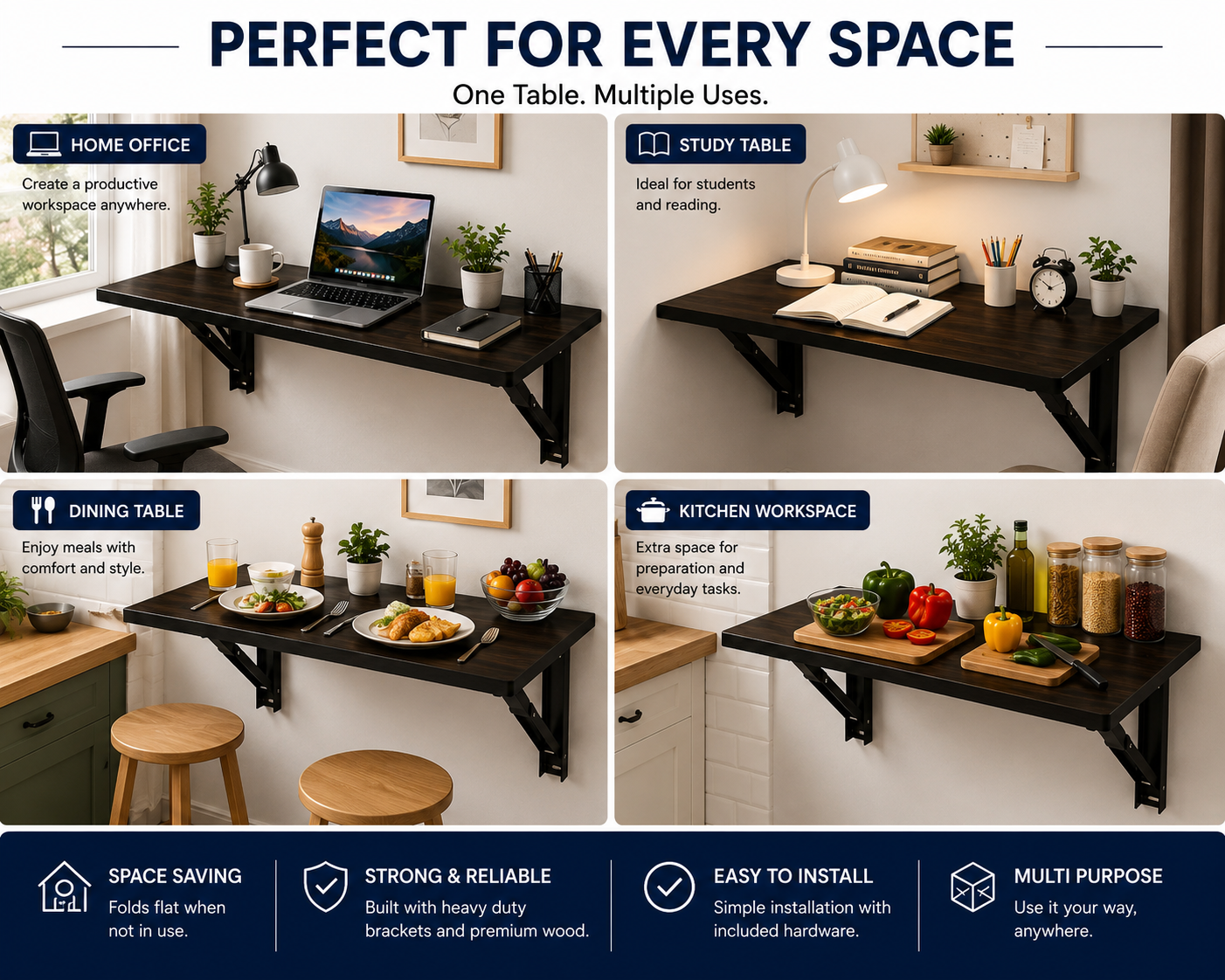 PEDPIX Wall-Mounted Folding Table 120 × 40 cm | Space-Saving Foldable Wall Desk | Engineered Wood | Study, Work & Dining Table