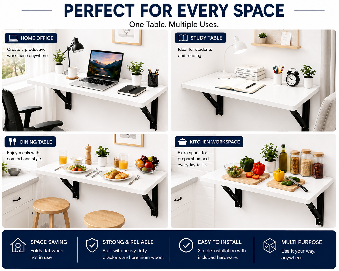 PEDPIX Wall-Mounted Folding Table 120 × 40 cm | Space-Saving Foldable Wall Desk | Engineered Wood | Study, Work & Dining Table