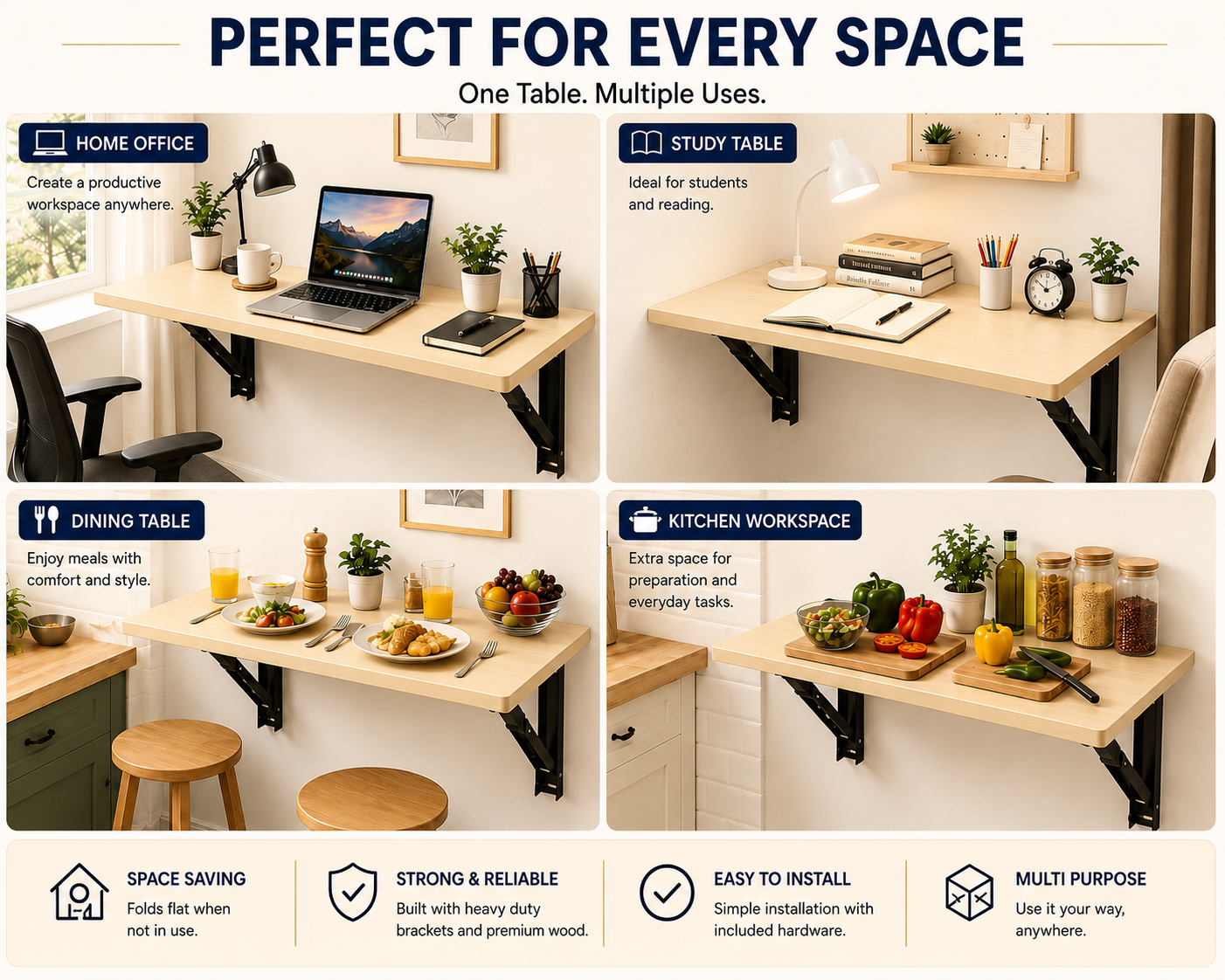 PEDPIX Wall-Mounted Folding Table 120 × 40 cm | Space-Saving Foldable Wall Desk | Engineered Wood | Study, Work & Dining Table