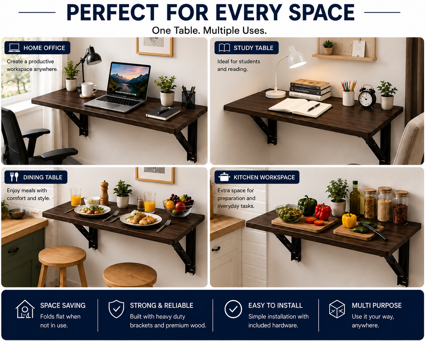 PEDPIX Wall-Mounted Folding Table 120 × 40 cm | Space-Saving Foldable Wall Desk | Engineered Wood | Study, Work & Dining Table