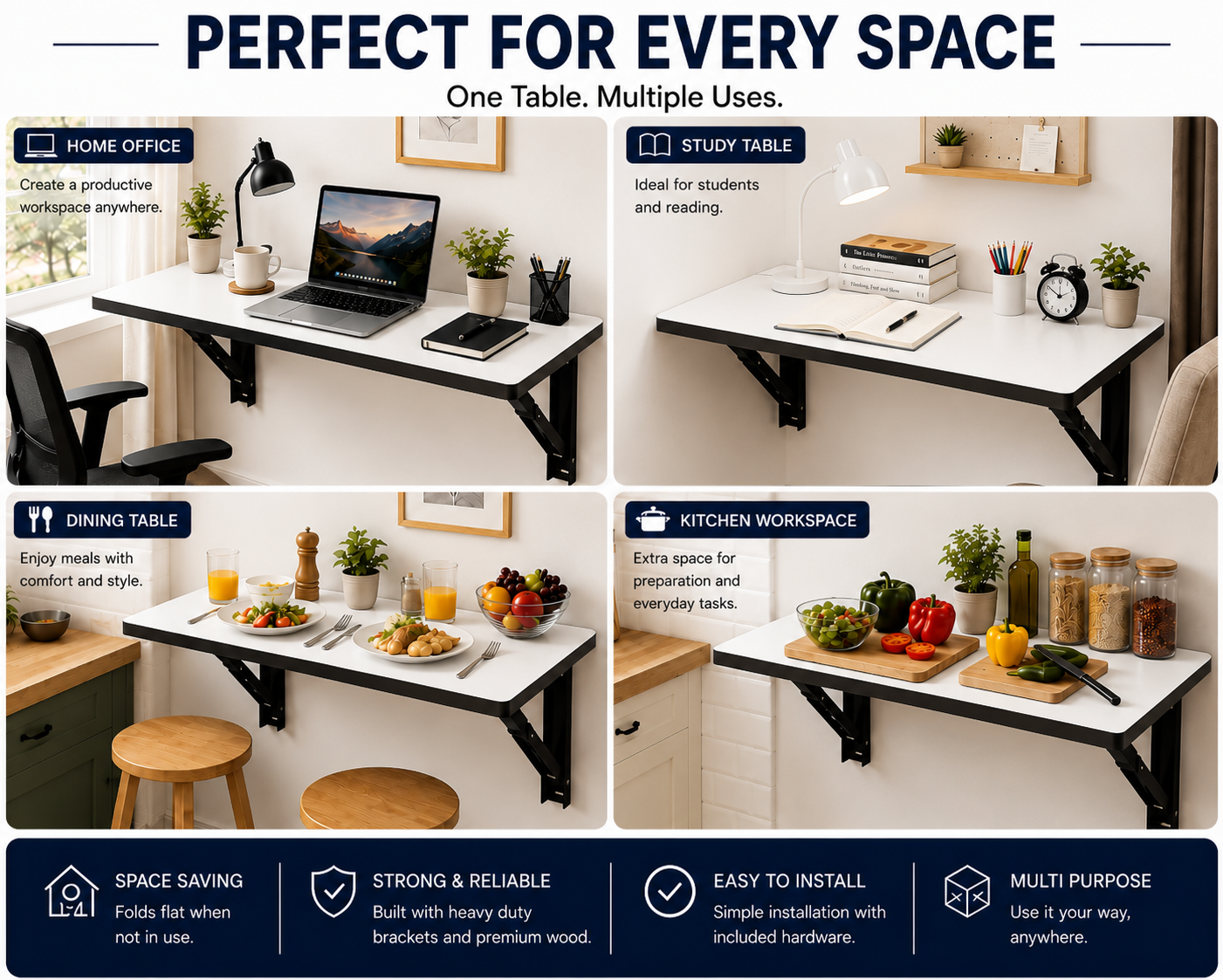 PEDPIX Wall Mounted Foldable Table 120 × 40 cm | White & Venge Engineered Wood Folding Wall Desk for Home Office, Study, Kitchen & Dining