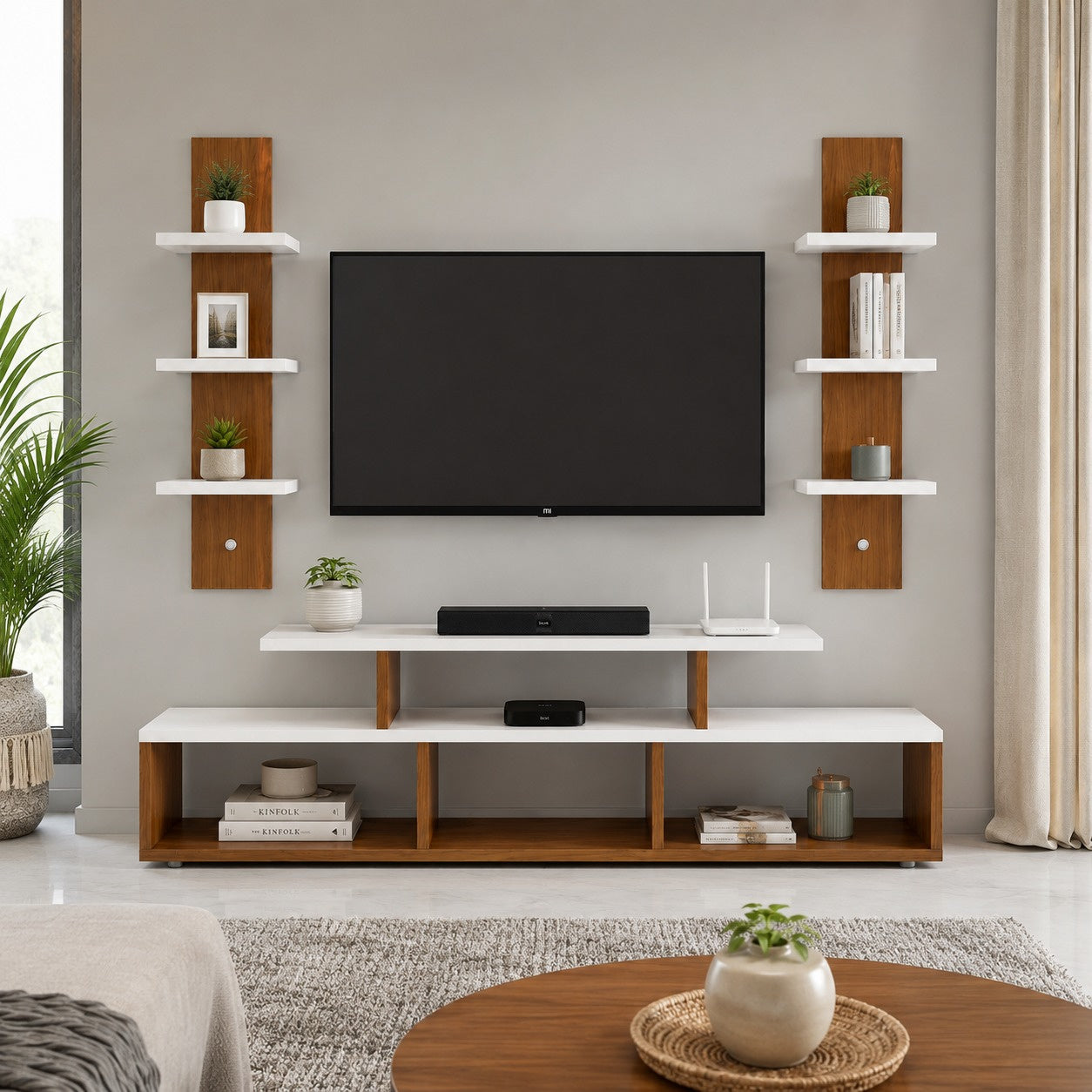 PEDPIX® Premium Wall Mounted TV Entertainment Unit with Floating TV Stand & Decorative Wall Shelves | Engineered Wood | White & Teak Finish
