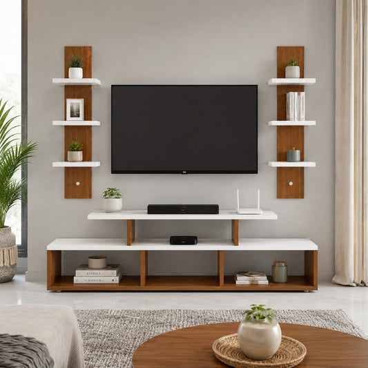 PEDPIX® Premium Wall Mounted TV Entertainment Unit with Floating TV Stand & Decorative Wall Shelves | Engineered Wood | White & Teak Finish