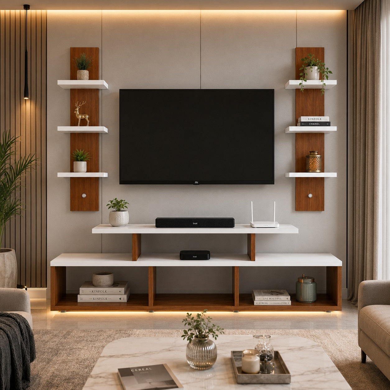 PEDPIX® Premium Wall Mounted TV Entertainment Unit with Floating TV Stand & Decorative Wall Shelves | Engineered Wood | White & Teak Finish