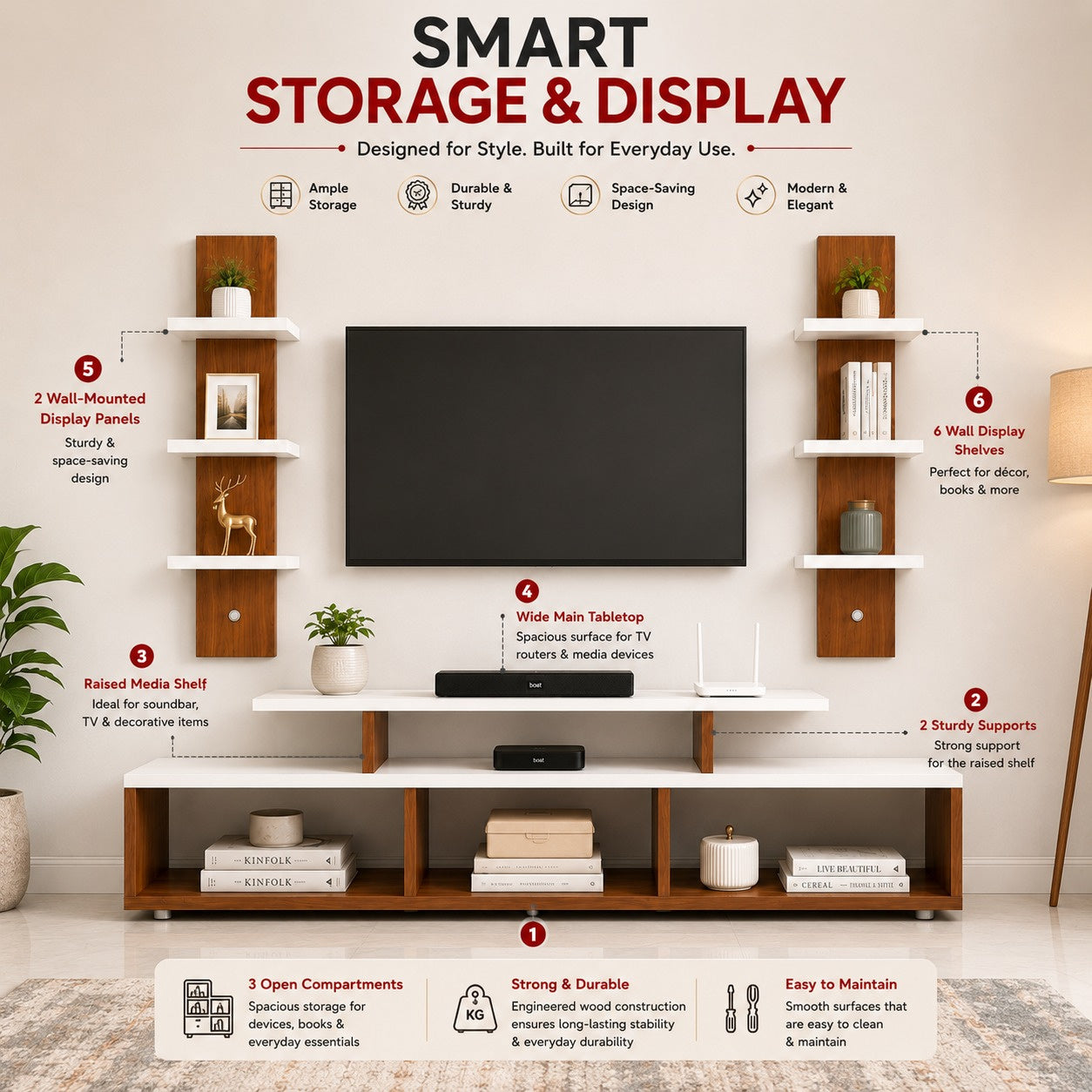 PEDPIX® Premium Wall Mounted TV Entertainment Unit with Floating TV Stand & Decorative Wall Shelves | Engineered Wood | White & Teak Finish