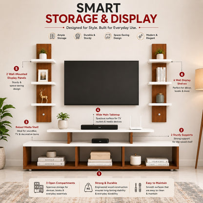 PEDPIX® Premium Wall Mounted TV Entertainment Unit with Floating TV Stand & Decorative Wall Shelves | Engineered Wood | White & Teak Finish