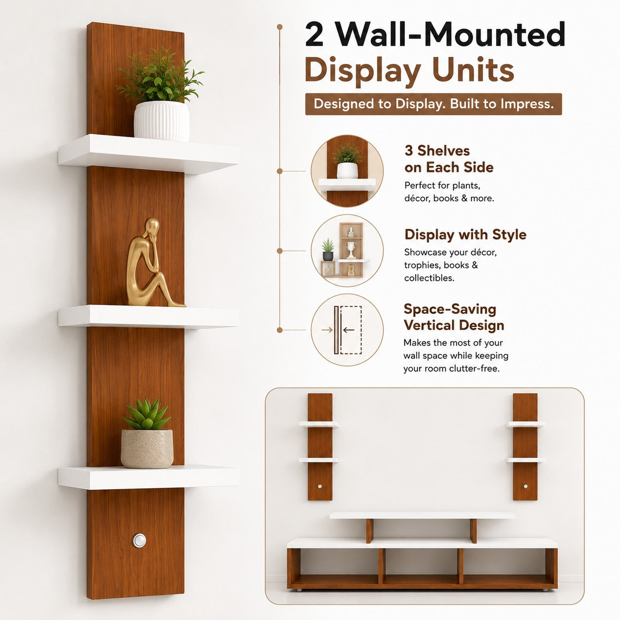 PEDPIX® Premium Wall Mounted TV Entertainment Unit with Floating TV Stand & Decorative Wall Shelves | Engineered Wood | White & Teak Finish