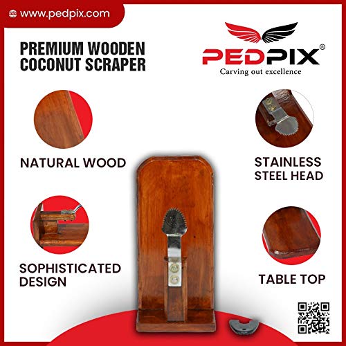PEDPIX TM Polished Wooden Coconut Scraper with Stainless Steel Head for Kitchen Tabletop - Place on Any Type of Kitchen Top - Brown Wooden Coconut Grater Made with Natural Wood (32x14x16 Inches)