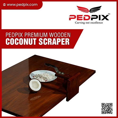 PEDPIX TM Polished Wooden Coconut Scraper with Stainless Steel Head for Kitchen Tabletop - Place on Any Type of Kitchen Top - Brown Wooden Coconut Grater Made with Natural Wood (32x14x16 Inches)
