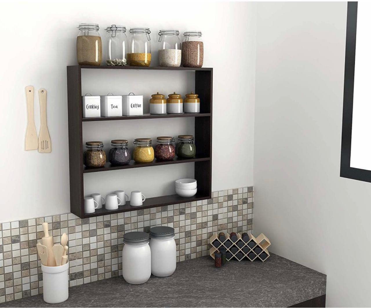 PEPDIX Engineered Wood Kitchen Cabinet and Metal Floating Wall Shelf | Rack Shelf_Black | Kitchen Rack | Home Decorative Particle Board Wall Shelf |Multipurpose Storage Shelf(75X75X75)_Brown