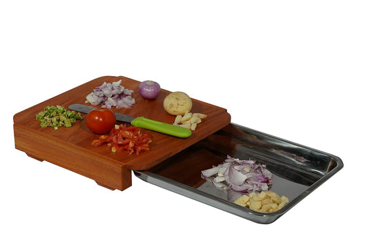 PedpixTM Wooden Chopping Board Set with Container Steel Tray Removable Drawer for Kitchen, Easy for Waste Removal & Food Prep, Kitchen Cutting Board for Fruits, Vegetables and Meat, Easy to Clean