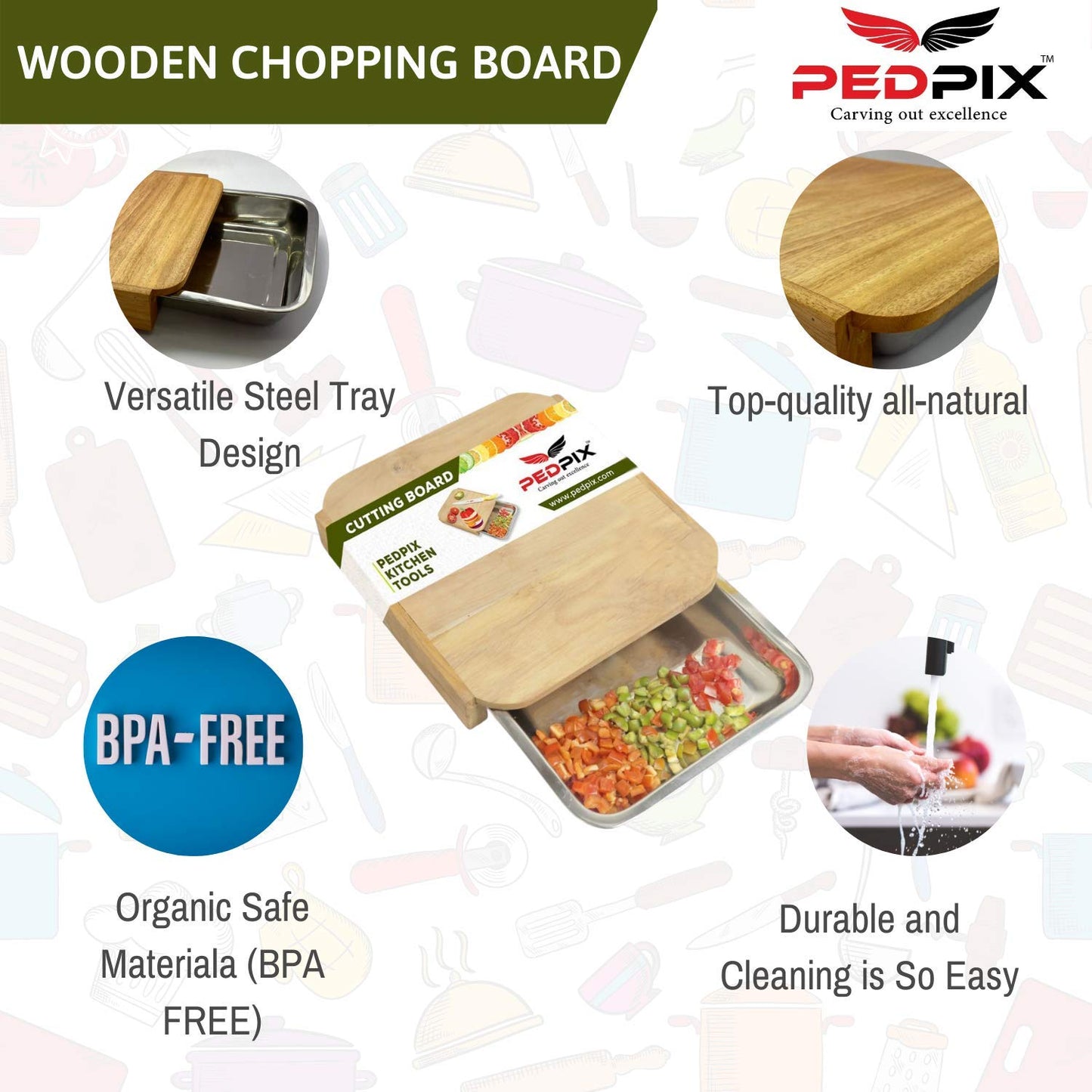 PedpixTM Wooden Chopping Board Set with Container Steel Tray Removable Drawer for Kitchen, Easy for Waste Removal & Food Prep, Kitchen Cutting Board for Fruits, Vegetables and Meat, Easy to Clean